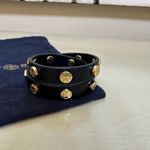 Tory Burch Leather Logo Studded Double Wrap Bracelet in Black and Gold